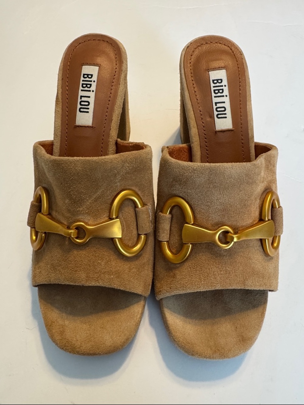 Bibi Lou Tan Suede Slide Mules with Gold Horsebit